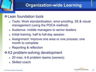 Organization-wide Learning
Lean foundation tools









Tools: Work standardization, error-proofing, 5S & visual
management (using the PDCA method)
Audience: middle managers to senior leaders
Initial training: half to full-day session
Assignment: Improve one area or one process; one
month to complete
Reporting & reflection

A3 problem-solving development



20 max; 4-8 problem teams (owners)
Skilled coach

© 2010 Karen Martin & Associates

31

 