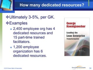 How many dedicated resources?
Ultimately 3-5%, per GK.
Examples




2,400 employee org has 4
dedicated resources and
15 part-time trained
facilitators.
1,200 employee
organization has 6
dedicated resources.

© 2010 Karen Martin & Associates

34

 