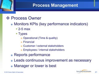 Process Management
 Process Owner


Monitors KPIs (key performance indicators)
 2-5 max
 Types









Operational (Time & quality)
Financial
Customer / external stakeholders
Employees / internal stakeholders

Reports performance
Leads continuous improvement as necessary
Manager or lower is best

© 2010 Karen Martin & Associates

41

 