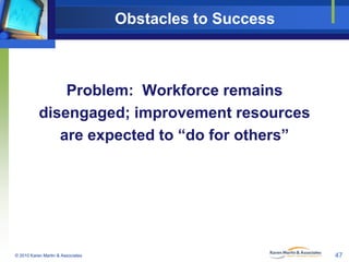 Obstacles to Success

Problem: Workforce remains
disengaged; improvement resources
are expected to “do for others”

© 2010 Karen Martin & Associates

47

 