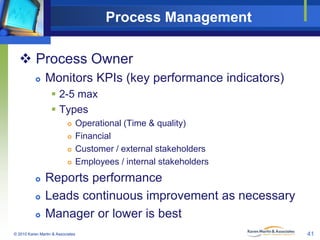 Process Management
 Process Owner


Monitors KPIs (key performance indicators)
 2-5 max
 Types









Operati...