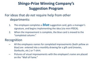 Shingo-Prize Winning Company’s
Suggestion Program
For ideas that do not require help from other
departments:
1. The employ...