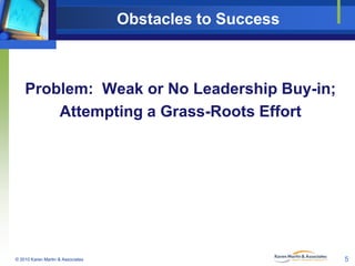 Obstacles to Success

Problem: Weak or No Leadership Buy-in;
Attempting a Grass-Roots Effort

© 2010 Karen Martin & Associ...