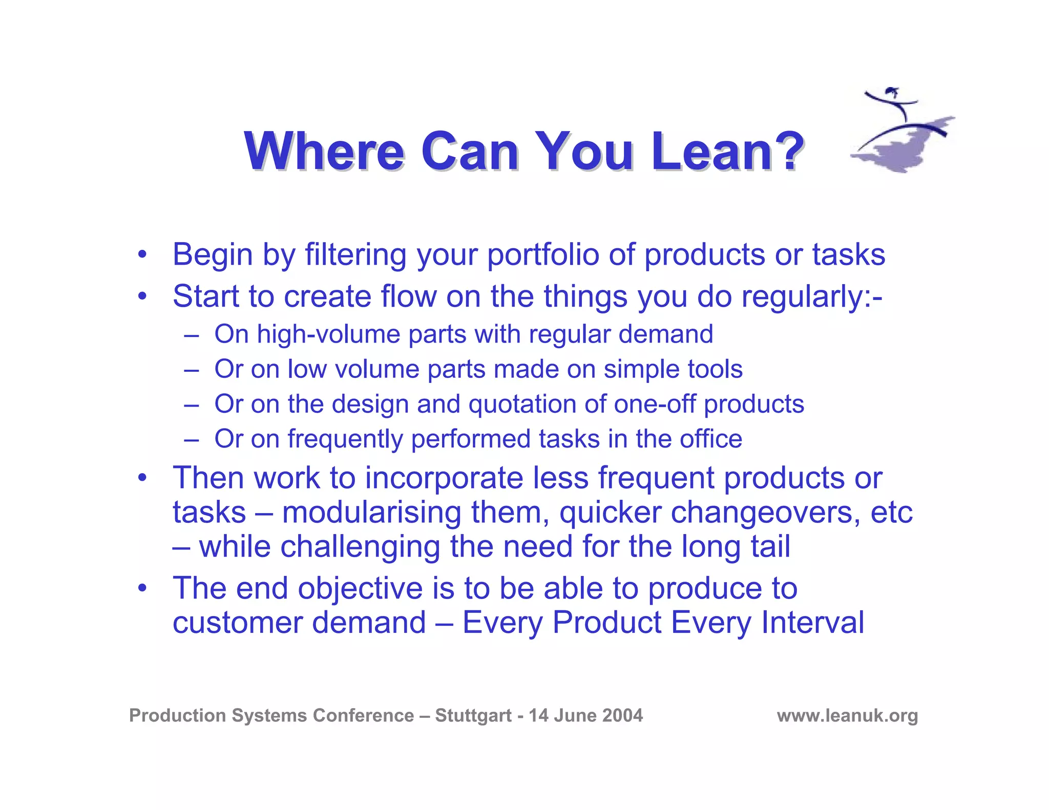 Production Systems Conference – Stuttgart - 14 June 2004 www.leanuk.org
Where Can You Lean?Where Can You Lean?
• Begin by filtering your portfolio of products or tasks
• Start to create flow on the things you do regularly:-
– On high-volume parts with regular demand
– Or on low volume parts made on simple tools
– Or on the design and quotation of one-off products
– Or on frequently performed tasks in the office
• Then work to incorporate less frequent products or
tasks – modularising them, quicker changeovers, etc
– while challenging the need for the long tail
• The end objective is to be able to produce to
customer demand – Every Product Every Interval
 