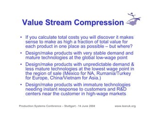Production Systems Conference – Stuttgart - 14 June 2004 www.leanuk.org
Value Stream CompressionValue Stream Compression
• If you calculate total costs you will discover it makes
sense to make as high a fraction of total value for
each product in one place as possible – but where?
• Design/make products with very stable demand and
mature technologies at the global low-wage point
• Design/make products with unpredictable demand &
less mature technologies at the lowest wage point in
the region of sale (Mexico for NA, Rumania/Turkey
for Europe, China/Vietnam for Asia.)
• Design/make products with immature technologies
needing instant response to customers and R&D
centers near the customer in high-wage markets
 