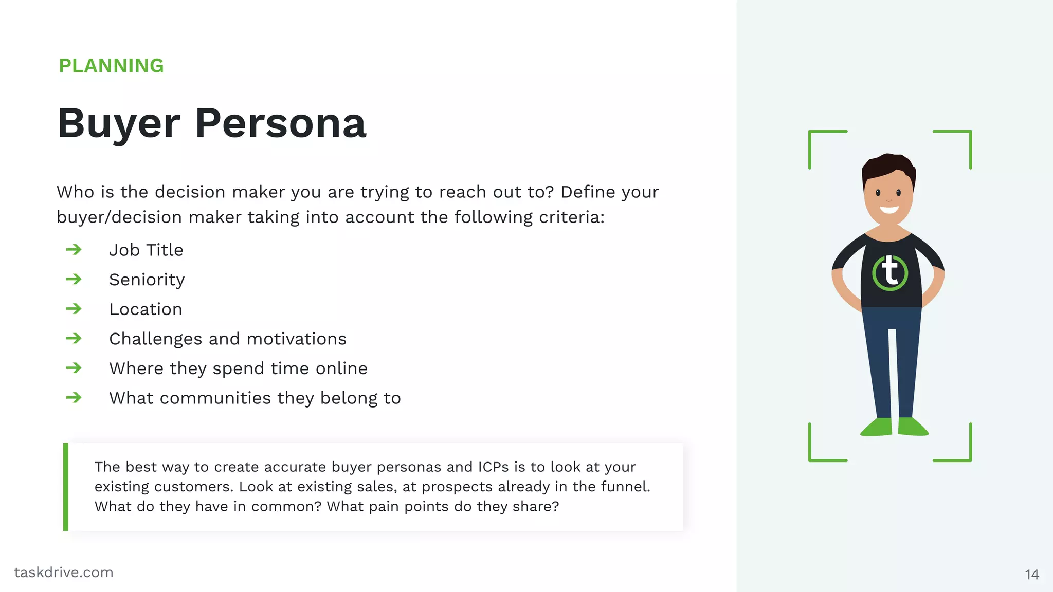 14
Buyer Persona
PLANNING
taskdrive.com
Who is the decision maker you are trying to reach out to? Deﬁne your
buyer/decision maker taking into account the following criteria:
➔ Job Title
➔ Seniority
➔ Location
➔ Challenges and motivations
➔ Where they spend time online
➔ What communities they belong to
The best way to create accurate buyer personas and ICPs is to look at your
existing customers. Look at existing sales, at prospects already in the funnel.
What do they have in common? What pain points do they share?
 