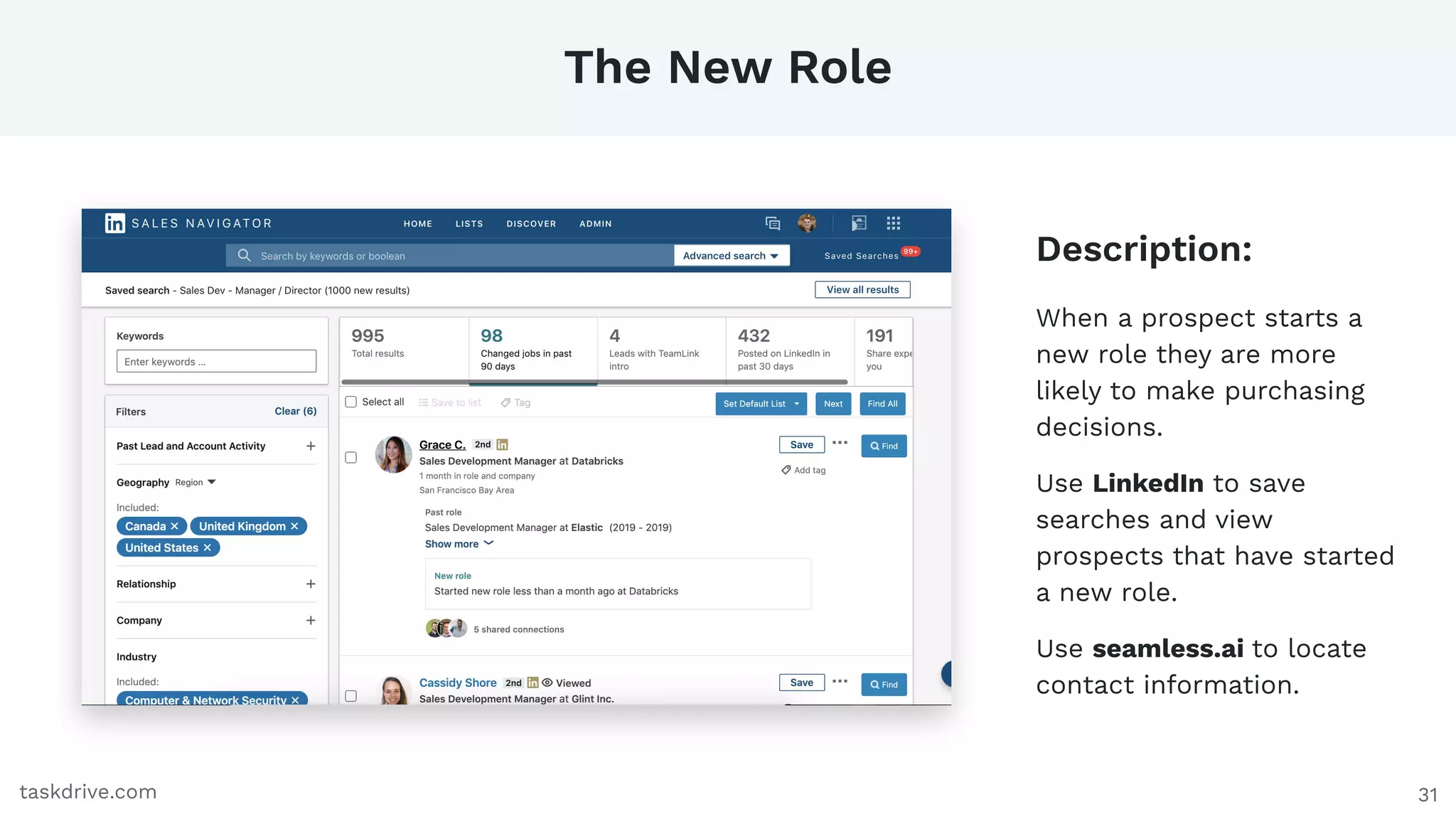 31
The New Role
taskdrive.com
When a prospect starts a
new role they are more
likely to make purchasing
decisions.
Use LinkedIn to save
searches and view
prospects that have started
a new role.
Use seamless.ai to locate
contact information.
Description:
 