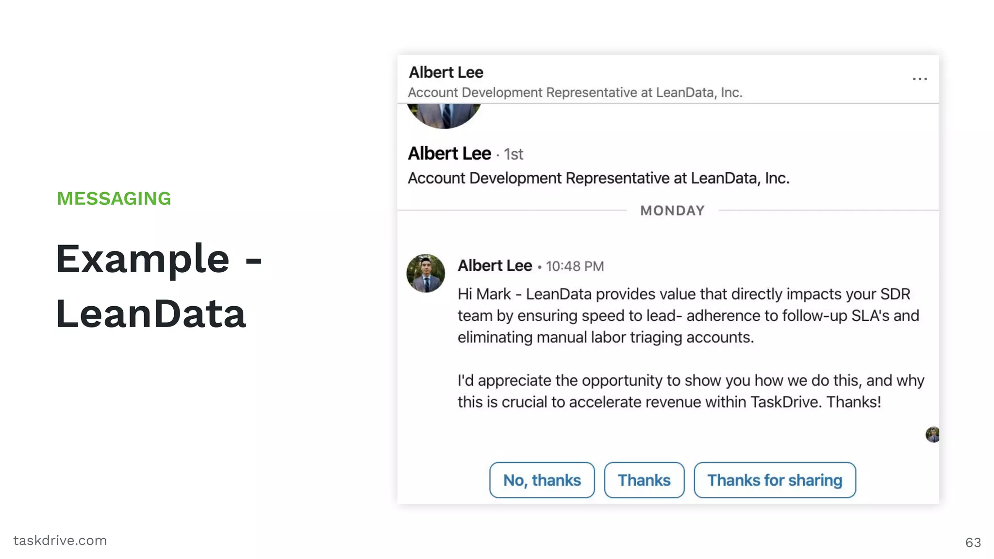 Example -
LeanData
MESSAGING
63taskdrive.com
 
