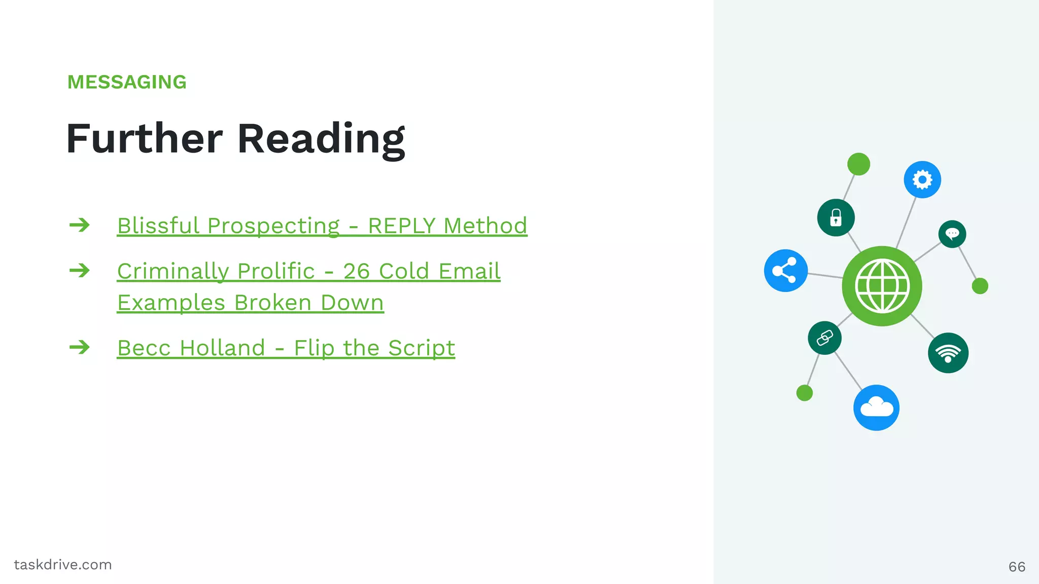 66
Further Reading
MESSAGING
taskdrive.com
➔ Blissful Prospecting - REPLY Method
➔ Criminally Proliﬁc - 26 Cold Email
Examples Broken Down
➔ Becc Holland - Flip the Script
 