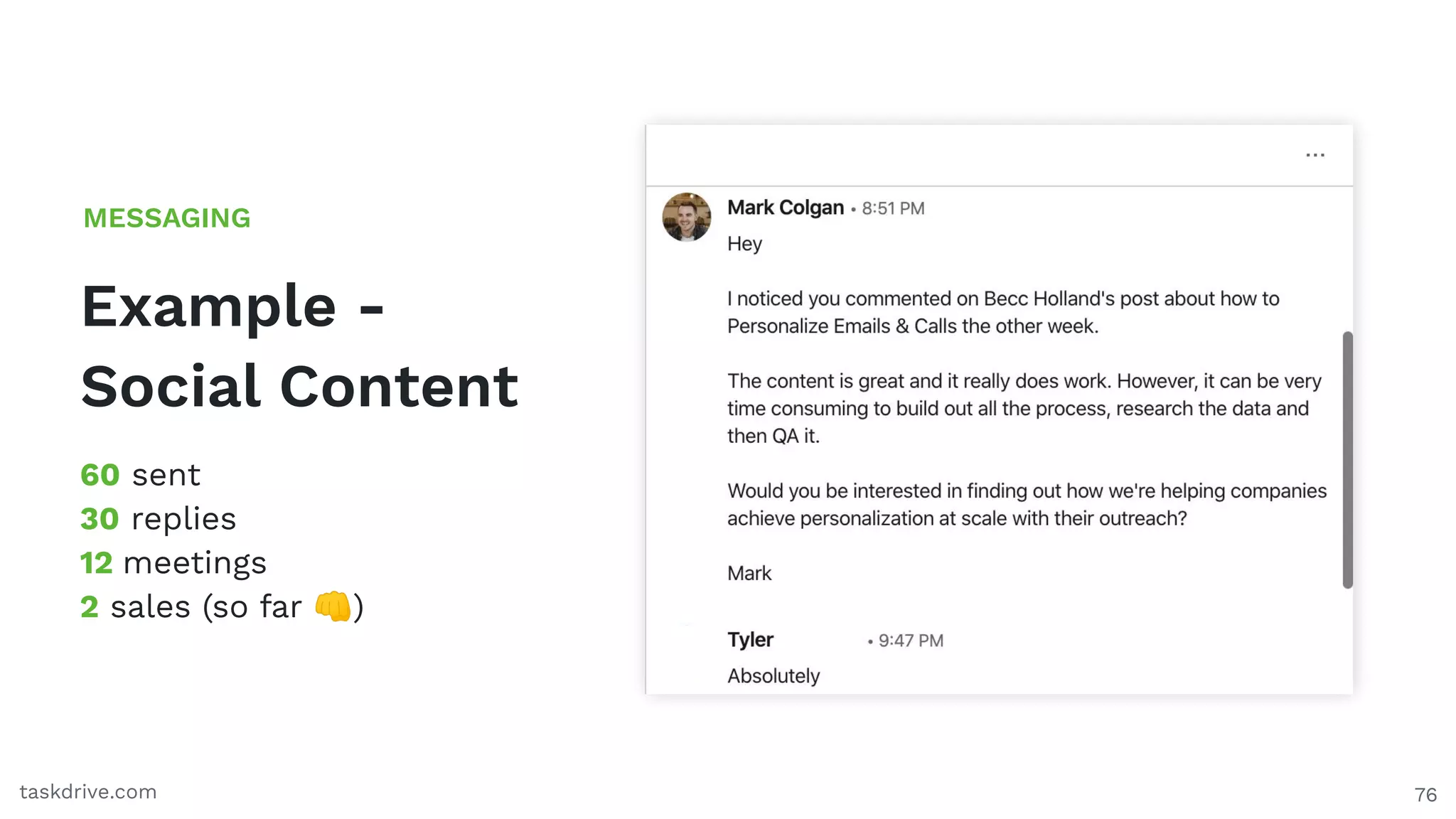 Example -
Social Content
MESSAGING
76taskdrive.com
60 sent
30 replies
12 meetings
2 sales (so far 👊)
 