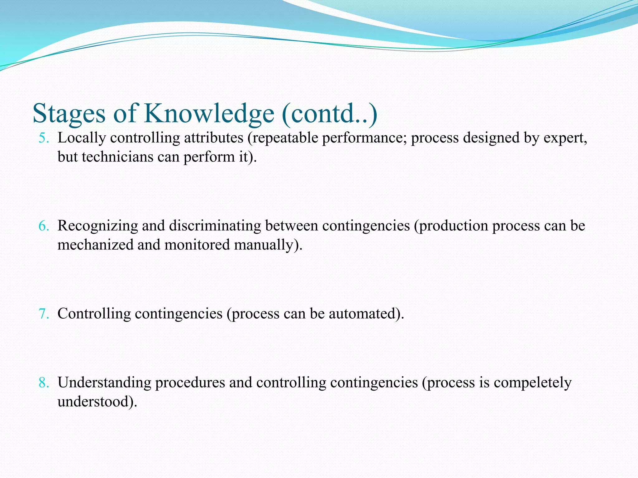 Stages of Knowledge (contd..)
5. Locally controlling attributes (repeatable performance; process designed by expert,
  but technicians can perform it).



6. Recognizing and discriminating between contingencies (production process can be
   mechanized and monitored manually).



7. Controlling contingencies (process can be automated).



8. Understanding procedures and controlling contingencies (process is compeletely
   understood).
 