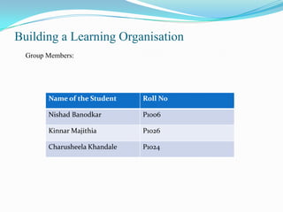 Building a Learning Organisation
  Group Members:




        Name of the Student    Roll No

        Nishad Banodkar        P1006

        Kinnar Majithia        P1026

        Charusheela Khandale   P1024
 