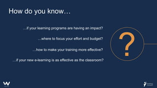 How do you know…
…where to focus your effort and budget?
…how to make your training more effective?
…if your new e-learning is as effective as the classroom?
…if your learning programs are having an impact?
 