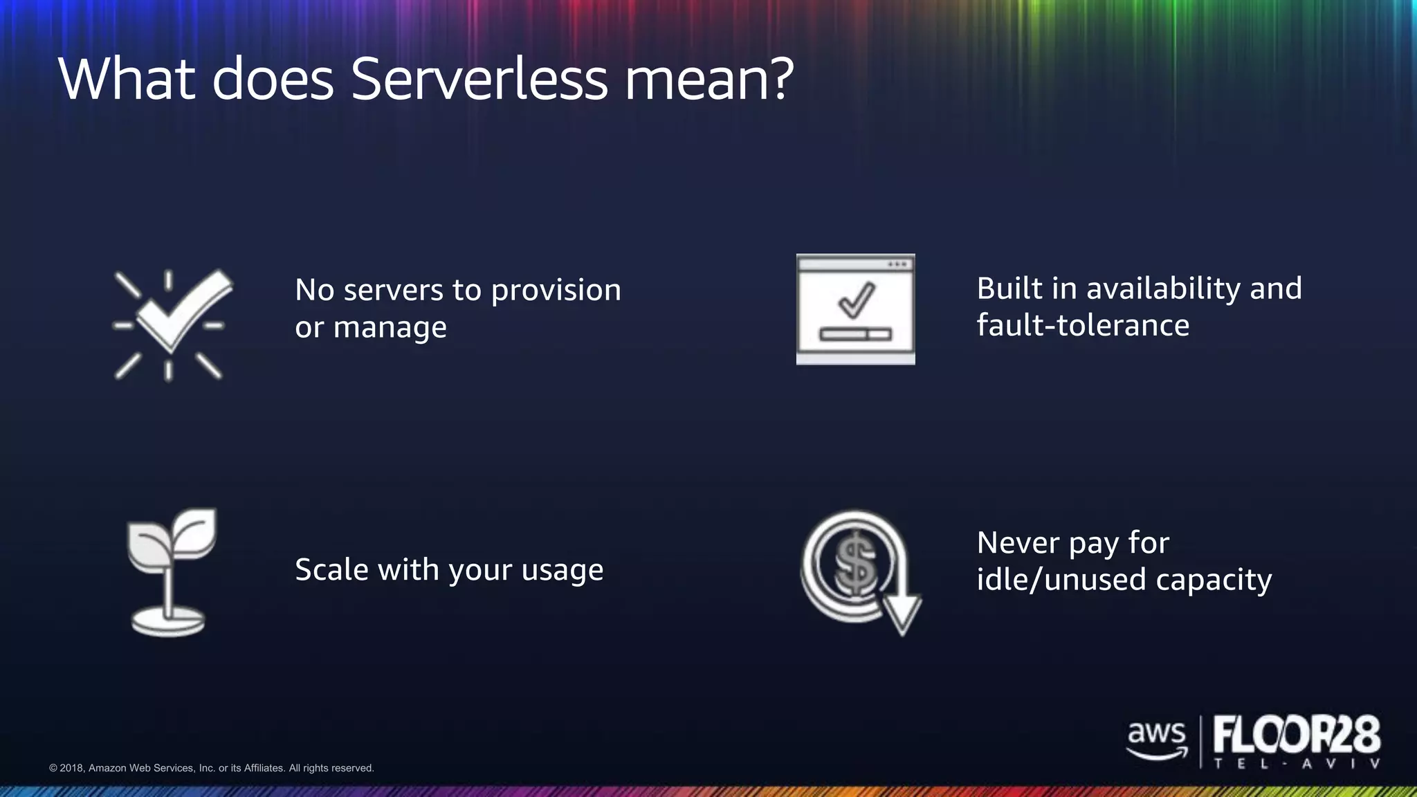 © 2018, Amazon Web Services, Inc. or its Affiliates. All rights reserved.© 2018, Amazon Web Services, Inc. or its Affiliates. All rights reserved.
What does Serverless mean?
No servers to provision
or manage
Scale with your usage
Built in availability and
fault-tolerance
Never pay for
idle/unused capacity
 