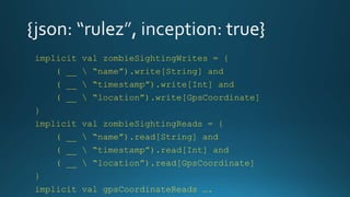 implicit val zombieSightingWrites = {
( __  name).write[String] and
( __  timestamp).write[Int] and
( __  location).write[GpsCoordinate]
}
implicit val zombieSightingReads = {
( __  name).read[String] and
( __  timestamp).read[Int] and
( __  location).read[GpsCoordinate]
}
implicit val gpsCoordinateReads .
 