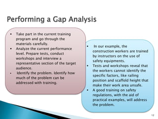  In our example, the
construction workers are trained
by instructors on the use of
safety equipments.
 Tests and workshops reveal that
the workers cannot identify the
specific factors, like railing
position and scaffold height that
make their work area unsafe.
 A good training on safety
regulations, with the aid of
practical examples, will address
the problem.
12
Performing a Gap Analysis
 Take part in the current training
program and go through the
materials carefully.
 Analyze the current performance
level. Prepare tests, conduct
workshops and interview a
representative section of the target
audience.
 Identify the problem. Identify how
much of the problem can be
addressed with training.
 