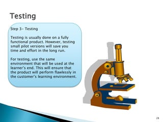 28
Testing
Step 3- Testing
Testing is usually done on a fully
functional product. However, testing
small pilot versions will save you
time and effort in the long run.
For testing, use the same
environment that will be used at the
learner’s end. This will ensure that
the product will perform flawlessly in
the customer’s learning environment.
 