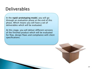 29
Deliverables
In the rapid-prototyping model, you will go
through an evaluation phase at the end of this
phase. Which means you will have a set of
deliverables which will be evaluated.
At this stage, you will deliver different versions
of the finished product which will be evaluated
for flow, design flaws and compliance with client
specifications.
 