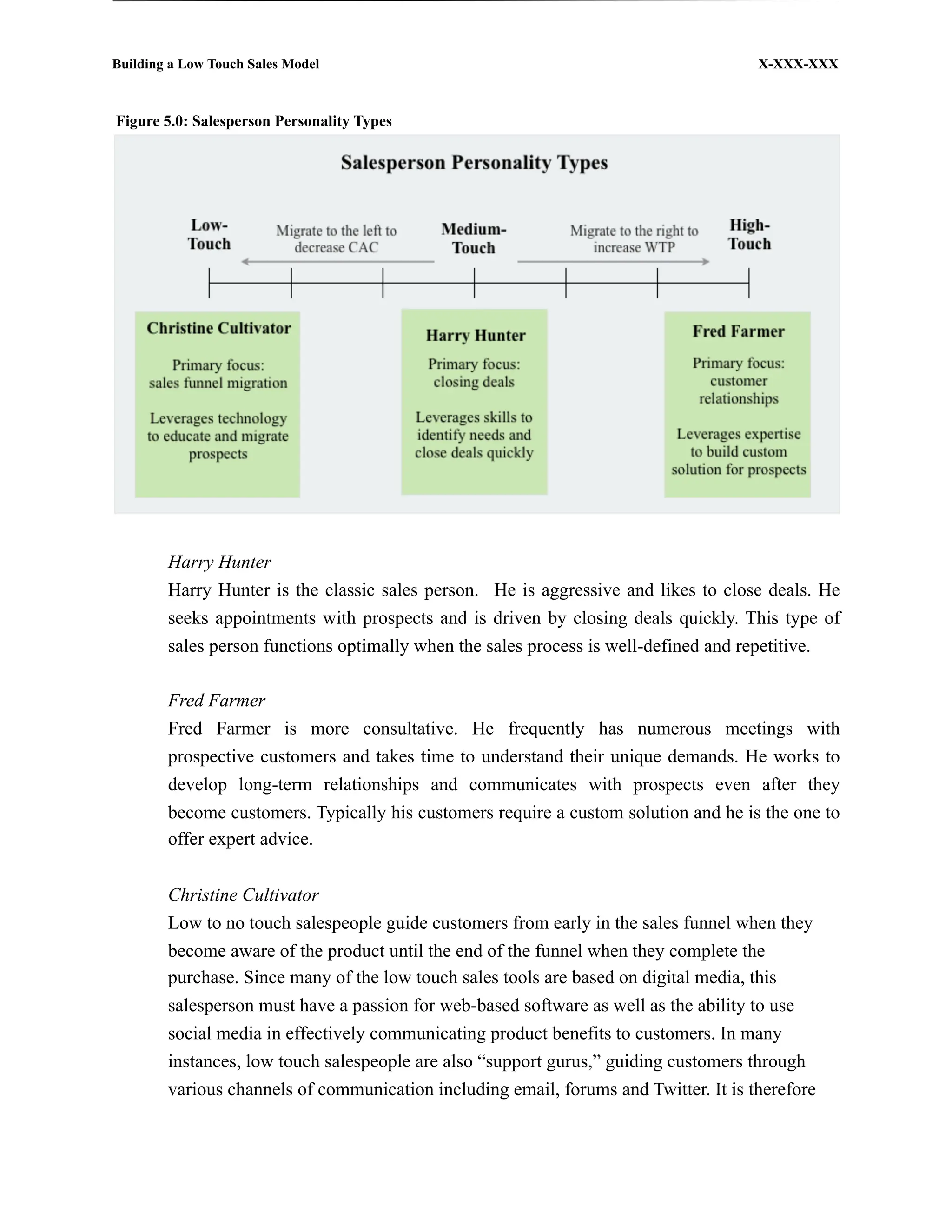 Building a Low Touch Sales Model                                                      X-XXX-XXX



Figure 5.0: Salesperson Personality Types




        Harry Hunter
        Harry Hunter is the classic sales person. He is aggressive and likes to close deals. He
        seeks appointments with prospects and is driven by closing deals quickly. This type of
        sales person functions optimally when the sales process is well-defined and repetitive.

        Fred Farmer
        Fred Farmer is more consultative. He frequently has numerous meetings with
        prospective customers and takes time to understand their unique demands. He works to
        develop long-term relationships and communicates with prospects even after they
        become customers. Typically his customers require a custom solution and he is the one to
        offer expert advice.


        Christine Cultivator
        Low to no touch salespeople guide customers from early in the sales funnel when they
        become aware of the product until the end of the funnel when they complete the
        purchase. Since many of the low touch sales tools are based on digital media, this
        salesperson must have a passion for web-based software as well as the ability to use
        social media in effectively communicating product benefits to customers. In many
        instances, low touch salespeople are also “support gurus,” guiding customers through
        various channels of communication including email, forums and Twitter. It is therefore
 