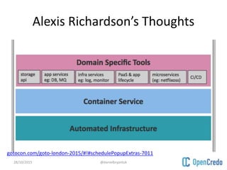 Alexis Richardson’s Thoughts
28/10/2015 @danielbryantuk
gotocon.com/goto-london-2015/#!#schedulePopupExtras-7011
 