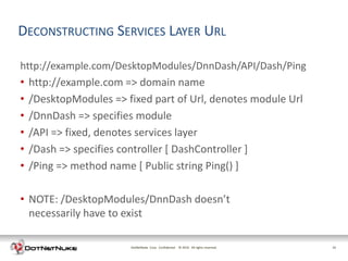 DECONSTRUCTING SERVICES LAYER URL

http://example.com/DesktopModules/DnnDash/API/Dash/Ping
• http://example.com => domain name
•   /DesktopModules => fixed part of Url, denotes module Url
•   /DnnDash => specifies module
•   /API => fixed, denotes services layer
•   /Dash => specifies controller [ DashController ]
•   /Ping => method name [ Public string Ping() ]

• NOTE: /DesktopModules/DnnDash doesn’t
  necessarily have to exist

                        DotNetNuke Corp. Confidential © 2011 All rights reserved.
                                                        2012                        12
 