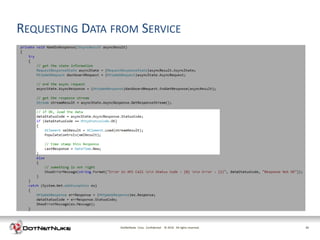 REQUESTING DATA FROM SERVICE
•   Mobile requests data using Asynchronous Web Request.
•   Response body is read from Response.GetResponseStream()
•   Once response is received, conversion to the response format
•   Example uses both Xml and Json responses




                         DotNetNuke Corp. Confidential © 2011 All rights reserved.
                                                         2012                        25
 