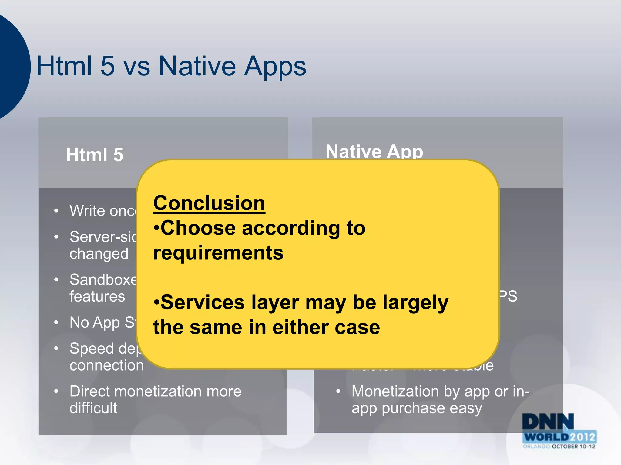 Html 5 vs Native Apps


     Html 5                          Native App

               Conclusion
 • Write once – run anywhere           • App per platform
               •Choose
 • Server-side code easily according to require lengthy
                                    • May
   changed     requirements           release process
 • Sandboxed, no access to           • Full access to device
   features  •Services     layer   may features – camera, GPS
                                       be largely
 •                                   • In-device discovery +
     No App Store Presence in either case
                the same               purchase
 • Speed dependent on
   connection                          • Faster + more stable
 • Direct monetization more            • Monetization by app or in-
   difficult                             app purchase easy
 