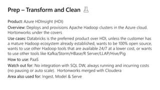 Databricks is the preferred product over HDI, unless the customer has
a mature Hadoop ecosystem already established, wants to be 100% open source,
wants to use other Hadoop tools that are available 24/7 at a lower cost, or wants
to use other tools like Kafka/Storm/HBase/R Server/LLAP/Hive/Pig
always running and incurring costs
(no pausing or auto scale). Hortonworks merged with Cloudera
 