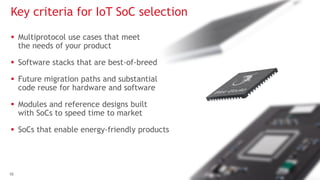 10
 Multiprotocol use cases that meet
the needs of your product
 Software stacks that are best-of-breed
 Future migration paths and substantial
code reuse for hardware and software
 Modules and reference designs built
with SoCs to speed time to market
 SoCs that enable energy-friendly products
Key criteria for IoT SoC selection
 
