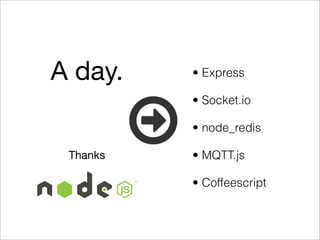 A day.    • Express

          • Socket.io

          • node_redis

 Thanks   • MQTT.js

          • Coffeescript
 