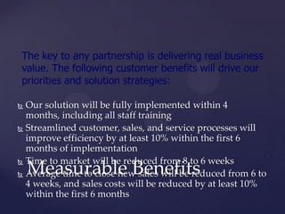 The key to any partnership is delivering real business
value. The following customer benefits will drive our
priorities and solution strategies:

 Our solution will be fully implemented within 4
  months, including all staff training
 Streamlined customer, sales, and service processes will
  improve efficiency by at least 10% within the first 6
  months of implementation
 Time to market will be reduced from 8 to 6 weeks
    Measurable Benefits
 Average time to close new sales will be reduced from 6 to
  4 weeks, and sales costs will be reduced by at least 10%
  within the first 6 months
 