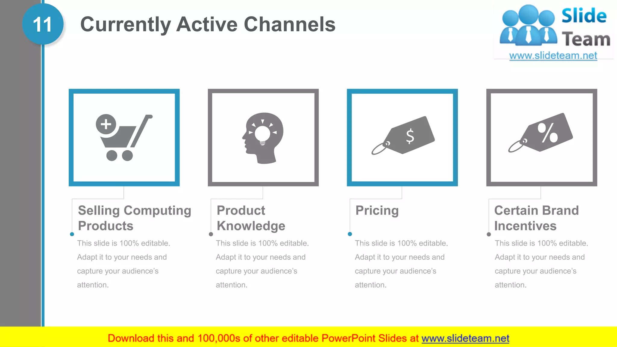 Currently Active Channels11
This slide is 100% editable.
Adapt it to your needs and
capture your audience’s
attention.
Selling Computing
Products
This slide is 100% editable.
Adapt it to your needs and
capture your audience’s
attention.
Product
Knowledge
This slide is 100% editable.
Adapt it to your needs and
capture your audience’s
attention.
Certain Brand
Incentives
This slide is 100% editable.
Adapt it to your needs and
capture your audience’s
attention.
Pricing
 