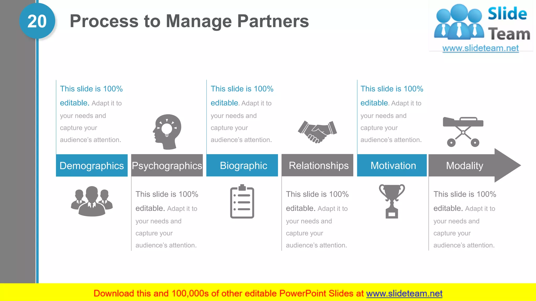 Process to Manage Partners20
This slide is 100%
editable. Adapt it to
your needs and
capture your
audience’s attention.
Demographics
This slide is 100%
editable. Adapt it to
your needs and
capture your
audience’s attention.
Psychographics
This slide is 100%
editable. Adapt it to
your needs and
capture your
audience’s attention.
Biographic
This slide is 100%
editable. Adapt it to
your needs and
capture your
audience’s attention.
Motivation
This slide is 100%
editable. Adapt it to
your needs and
capture your
audience’s attention.
Modality
This slide is 100%
editable. Adapt it to
your needs and
capture your
audience’s attention.
Relationships
 