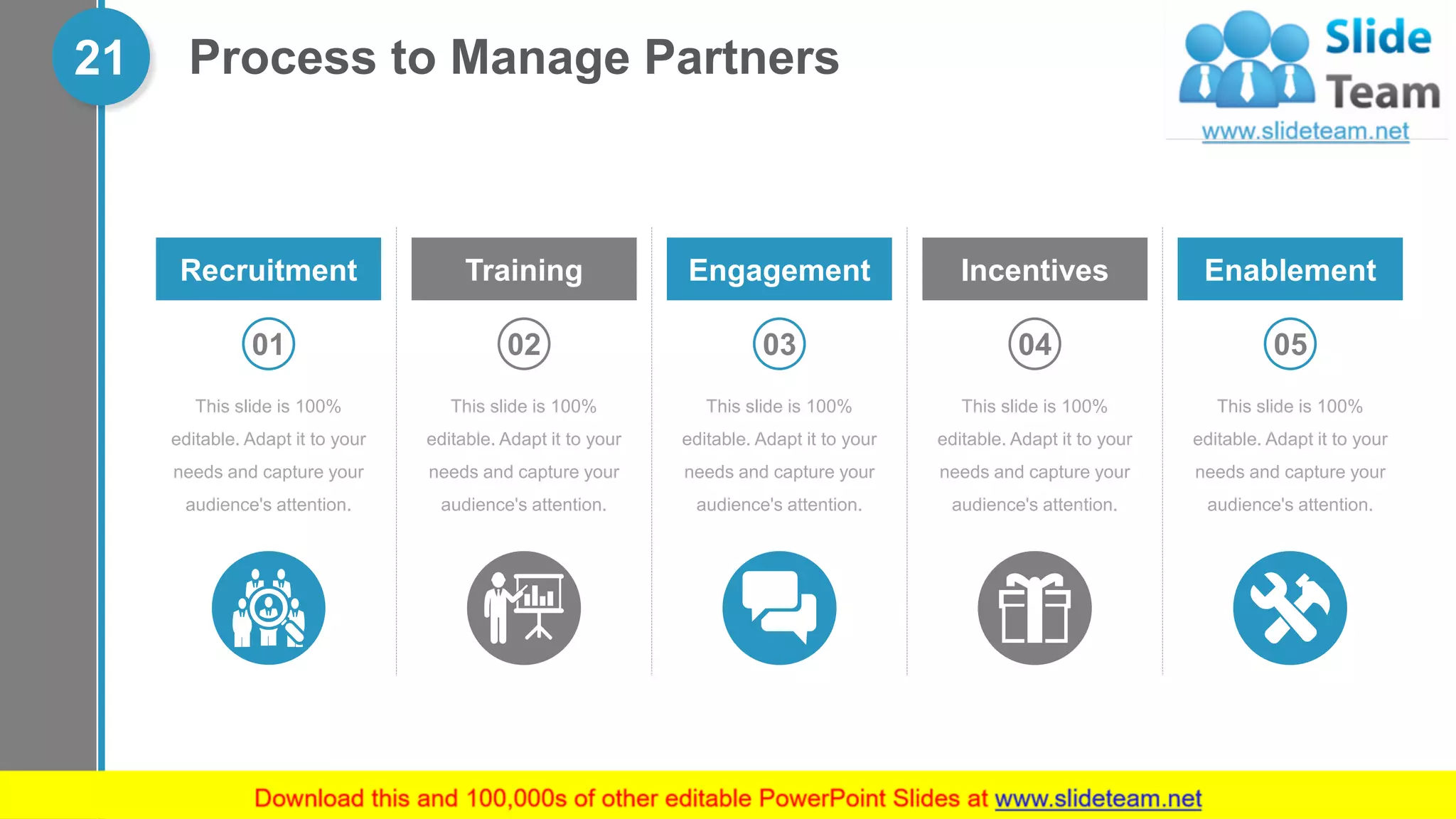 Process to Manage Partners21
This slide is 100%
editable. Adapt it to your
needs and capture your
audience's attention.
01
Recruitment
This slide is 100%
editable. Adapt it to your
needs and capture your
audience's attention.
03
Engagement
This slide is 100%
editable. Adapt it to your
needs and capture your
audience's attention.
05
Enablement
This slide is 100%
editable. Adapt it to your
needs and capture your
audience's attention.
04
Incentives
This slide is 100%
editable. Adapt it to your
needs and capture your
audience's attention.
02
Training
 