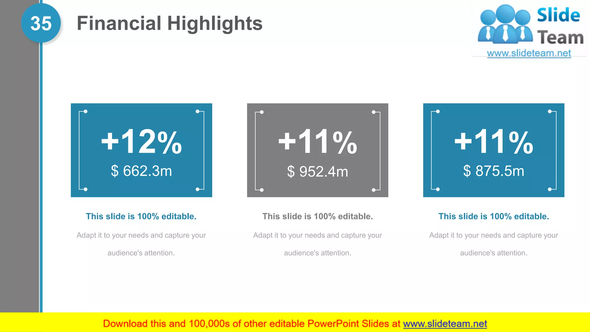 Financial Highlights35
$ 662.3m
+12%
This slide is 100% editable.
Adapt it to your needs and capture your
audience's attention.
$ 952.4m
+11%
This slide is 100% editable.
Adapt it to your needs and capture your
audience's attention.
$ 875.5m
+11%
This slide is 100% editable.
Adapt it to your needs and capture your
audience's attention.
 