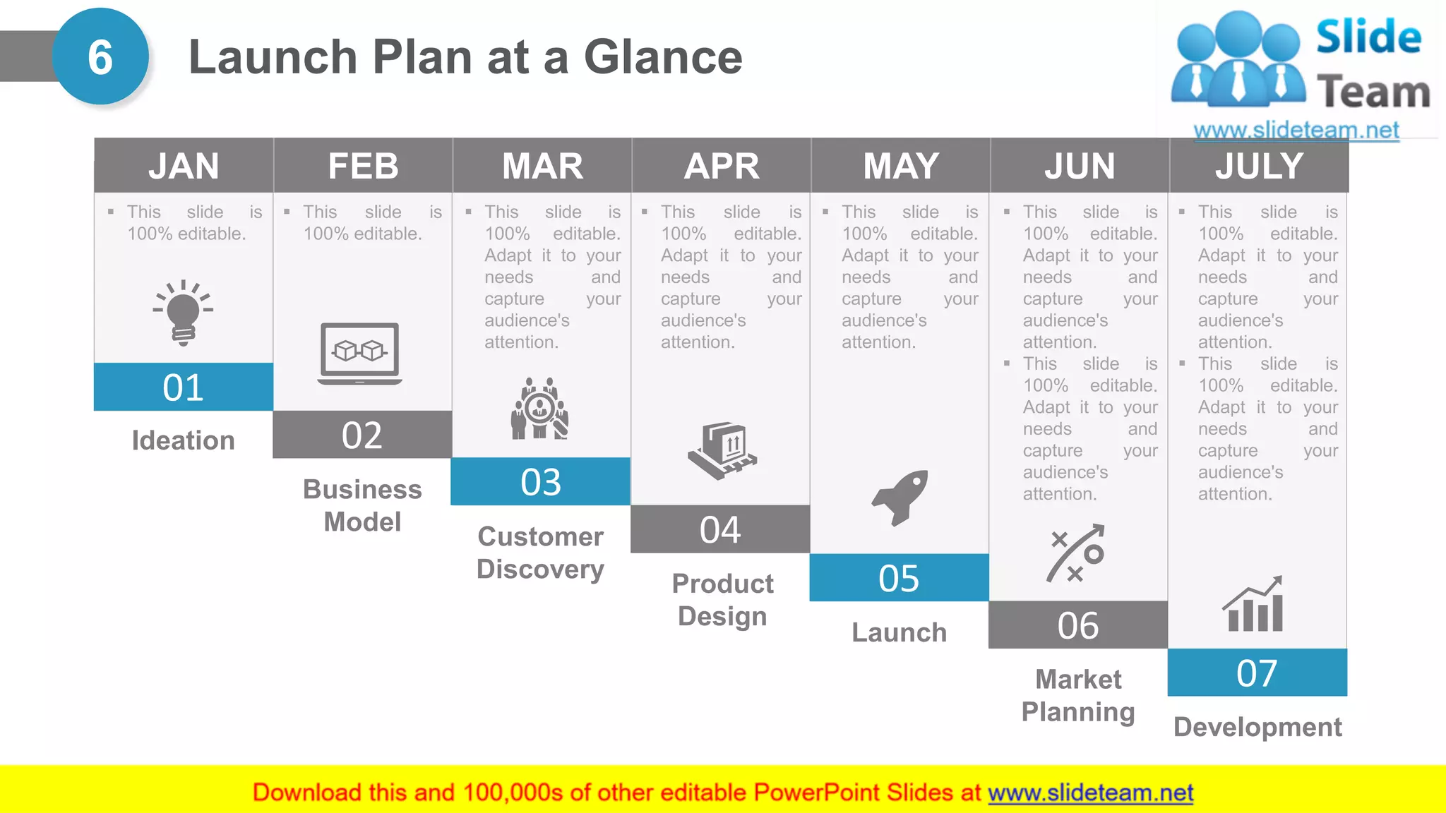 Launch Plan at a Glance6
07
06
05
04
03
02
01
Ideation
Business
Model
Customer
Discovery
Product
Design
Launch
Market
Planning
Development
▪ This slide is
100% editable.
Adapt it to your
needs and
capture your
audience's
attention.
▪ This slide is
100% editable.
Adapt it to your
needs and
capture your
audience's
attention.
▪ This slide is
100% editable.
Adapt it to your
needs and
capture your
audience's
attention.
▪ This slide is
100% editable.
Adapt it to your
needs and
capture your
audience's
attention.
▪ This slide is
100% editable.
Adapt it to your
needs and
capture your
audience's
attention.
▪ This slide is
100% editable.
Adapt it to your
needs and
capture your
audience's
attention.
▪ This slide is
100% editable.
Adapt it to your
needs and
capture your
audience's
attention.
▪ This slide is
100% editable.
▪ This slide is
100% editable.
JAN FEB MAR APR MAY JUN JULY
 