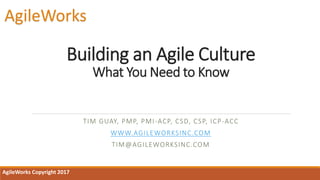Building an Agile Culture
What You Need to Know
TIM GUAY, PMP, PMI-ACP, CSD, CSP, ICP-ACC
WWW.AGILEWORKSINC.COM
TIM@AGILEWORKSINC.COM
AgileWorks Copyright 2017
AgileWorks
 