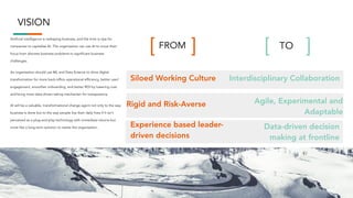 Artificial intelligence is reshaping business, and the time is ripe for
companies to capitalise AI. The organisation can use AI to move their
focus from discrete business problems to significant business
challenges.
An organisation should use ML and Data Science to drive digital
transformation for more back-office operational efficiency, better user/
engagement, smoother onboarding, and better ROI by lowering cost
and bring more data-driven taking mechanism for transparency.
AI will be a valuable, transformational change agent not only to the way
business is done but to the way people live their daily lives if it isn't
perceived as a plug-and-play technology with immediate returns but
more like a long term solution to rewire the organisation.
FROM TO[ ] [ ]
Interdisciplinary Collaboration
VISION
Siloed Working Culture
Agile, Experimental and
Adaptable
Rigid and Risk-Averse
Data-driven decision
making at frontline
Experience based leader-
driven decisions
 