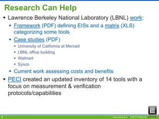 Research Can Help
 Lawrence Berkeley National Laboratory (LBNL) work:
 Framework (PDF) defining EISs and a matrix (XLS)
categorizing some tools
 Case studies (PDF)





University of California at Merced
LBNL office building
Walmart
Sysco

 Current work assessing costs and benefits

 PECI created an updated inventory of 14 tools with a
focus on measurement & verification
protocols/capabilities

6

www.esource.com || © 2013 E Source

 