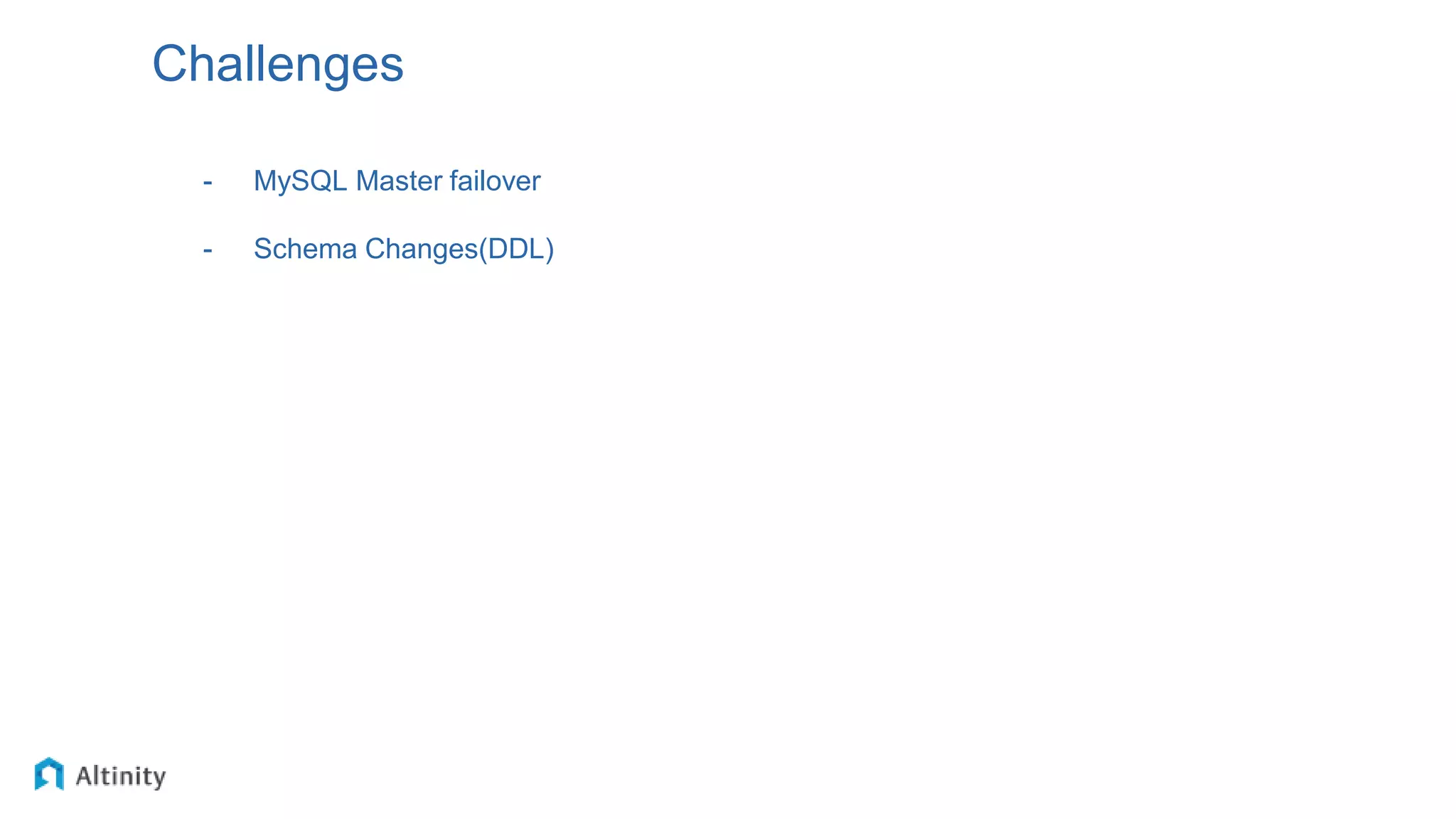 Challenges
- MySQL Master failover
- Schema Changes(DDL)
 