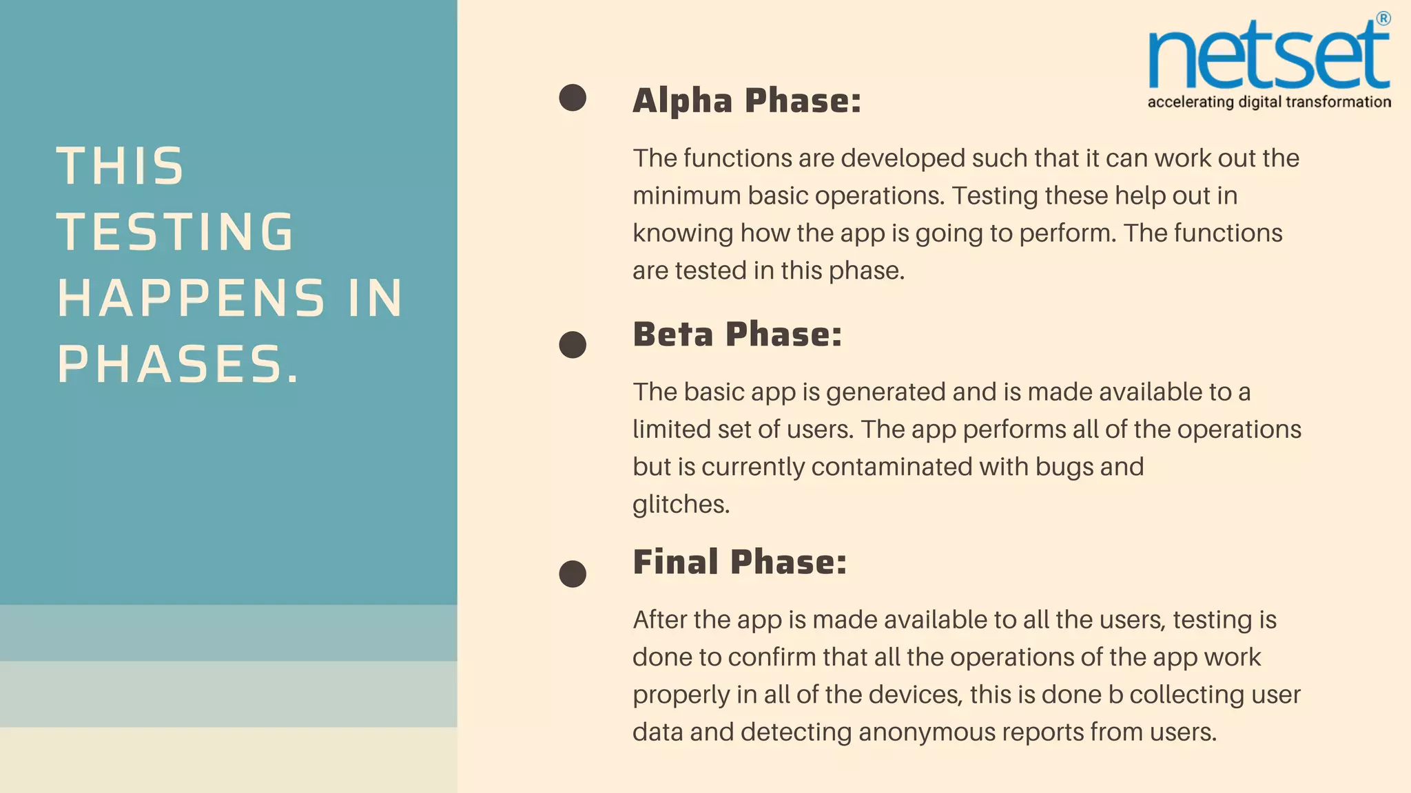 THIS
TESTING
HAPPENS IN
PHASES.
Final Phase:
After the app is made available to all the users, testing is
done to confirm that all the operations of the app work
properly in all of the devices, this is done b collecting user
data and detecting anonymous reports from users.
Alpha Phase:
The functions are developed such that it can work out the
minimum basic operations. Testing these help out in
knowing how the app is going to perform. The functions
are tested in this phase.
Beta Phase:
The basic app is generated and is made available to a
limited set of users. The app performs all of the operations
but is currently contaminated with bugs and
glitches.
 