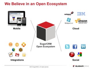 We Believe in an Open Ecosystem




    Mobile                                                  Cloud




                                 SugarCRM
                               Open Ecosystem




  Integrations                                              Social

                 ©2012 SugarCRM Inc. All rights reserved.
 