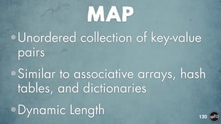MAP
•Unordered collection of key-value
pairs
•Similar to associative arrays, hash
tables, and dictionaries
•Dynamic Length 130
 