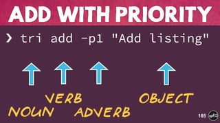 › tri add -p1 "Add listing" 
 
 
ADD WITH PRIORITY
165
Verb Object
Noun adVerb
 