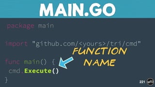 package main 
 
import "github.com/<yours>/tri/cmd" 
 
func main() { 
cmd.Execute() 
}
MAIN.GO
221
Function
Name
 