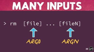  
> rm [file] ... [fileN]
MANY INPUTS
29
Arg0 Argn
 