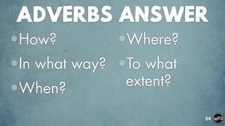 ADVERBS ANSWER
•How?
•In what way?
•When?
•Where?
•To what
extent?
54
 