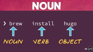  
› brew install hugo
NOUN
83
Verb ObjectNoun
 