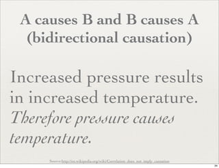 A causes B and B causes A
  (bidirectional causation)

Increased pressure results
in increased temperature.
Therefore pressure causes
temperature.
     Source:http://en.wikipedia.org/wiki/Correlation_does_not_imply_causation
                                                                                34
 