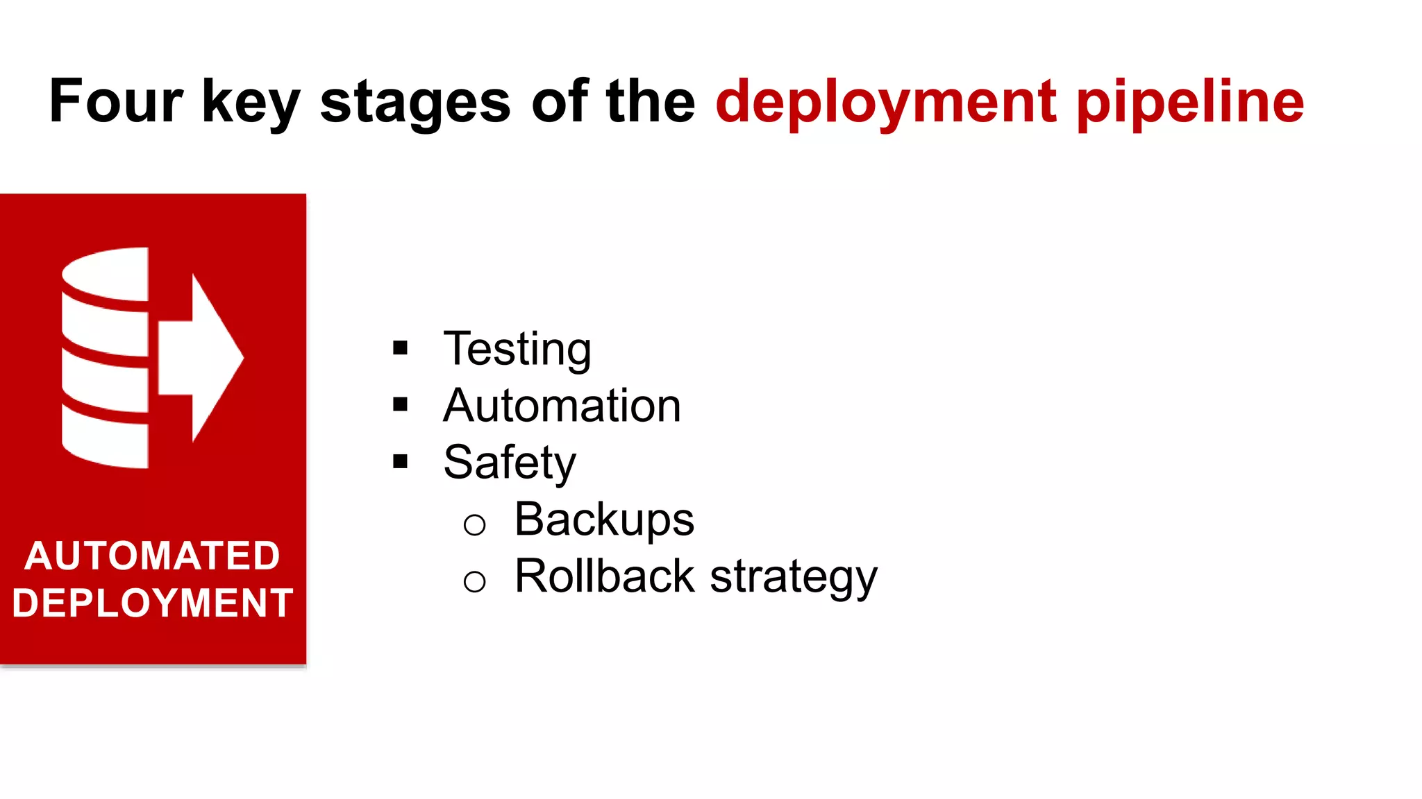  Testing  Automation  Safety o Backups o Rollback strategyAUTOMATED DEPLOYMENT Four key stages of the deployment pipeline 